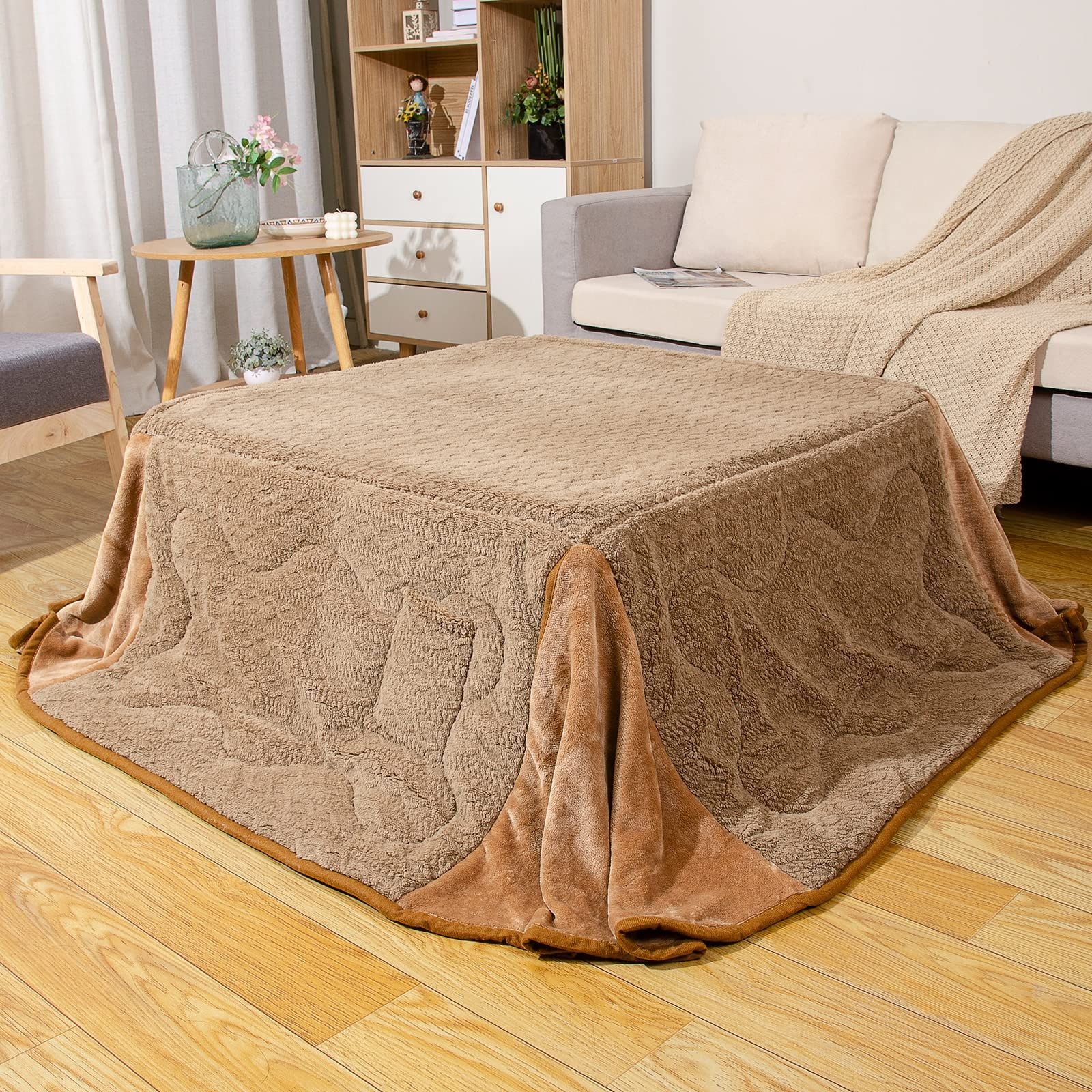 180x180cm ベージュ 無地 フリースジャガード シンプル ふわふわ 炬燵用布団 暖かい 掛け布団 こたつふとん 正方形 こたつ布団 薄掛け こたつ掛け布団 省スペース Peto-Raifu