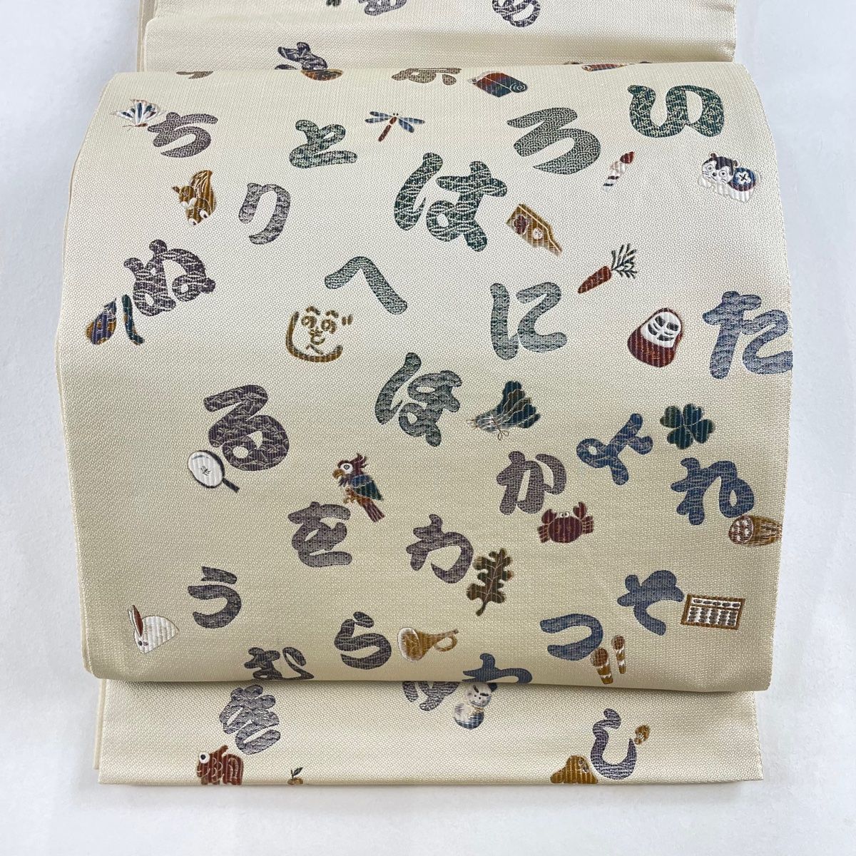 袋帯　波　六通　美品 袋帯 美品 名品 いろはにほへと 玩具 金糸 箔 ベージュ 六通