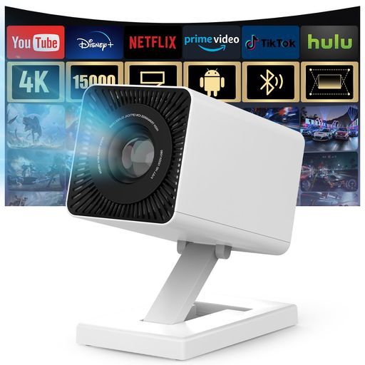 Maypugプロジェクター家庭用小型 AndroidTV APP利用 4K対応 1080P対応高輝度Wifi6Bluetooth5.4内蔵スピーカースタンド一体型軽量自動台形補正天井投影防塵静音短距離投影