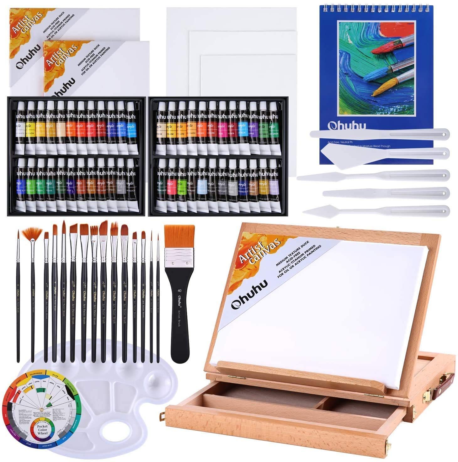 Ohuhu アクリル絵の具 78点セット 画材 絵具 絵画 絵の具セット 白 黑 大人 男の子 女の子 Acrylic Paint Set 48色 15本筆 1個卓上イーゼル 1本平筆 キャンバス5枚 パレットナイフ5本 1個パレット 1個 ホイー