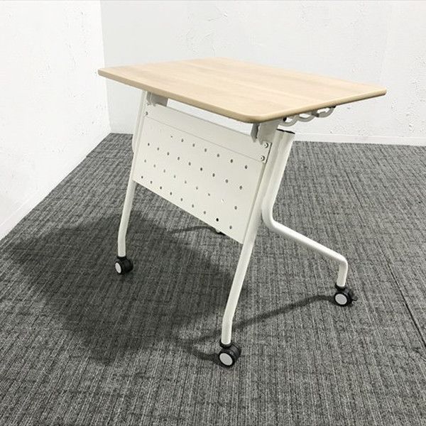 スクールデスク 研修デスク フラップ式 ワイヤー棚 幕板 キャスター付 ナチュラル