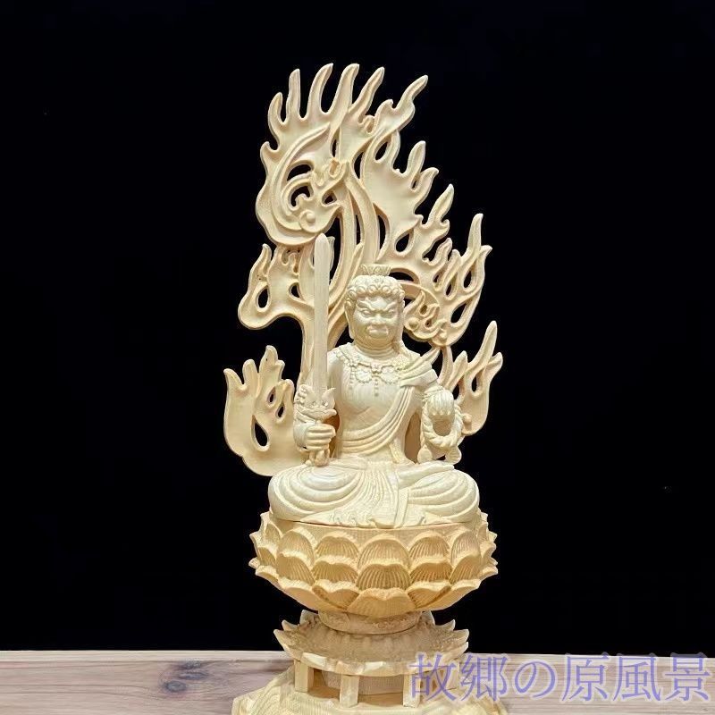 精密彫刻 不動明王 木彫 仏像 不動明王像 檜木 高約28cm