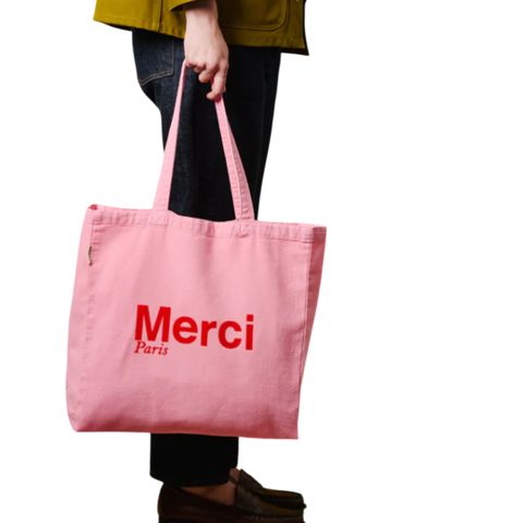 Merci Paris キャンバストートバッグ（大）、ピンク、赤文字ロゴ入り