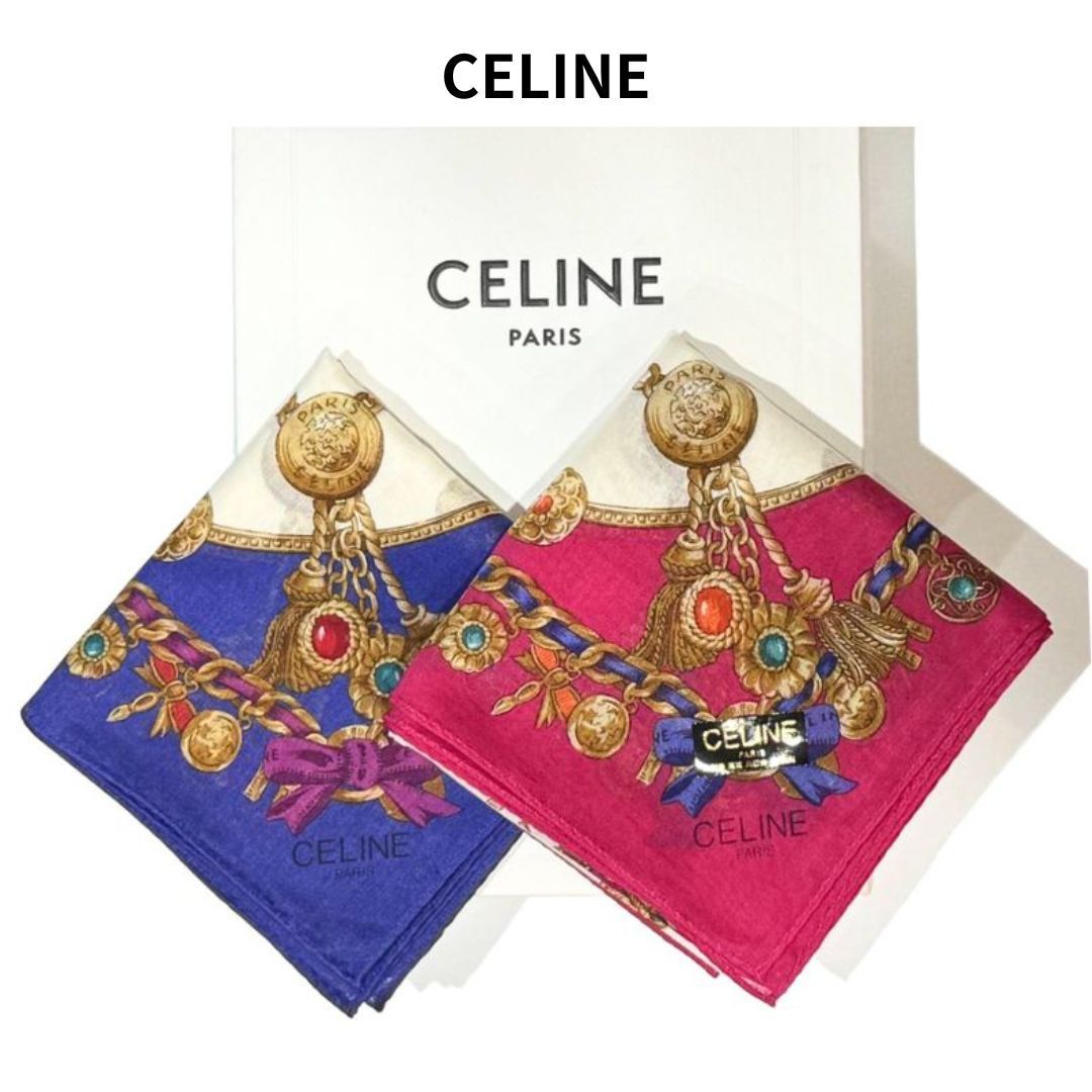 CELINE 新品ハンカチスカーフ2枚セット CELINE セリーヌ シフォン 大判ハンカチ バンダナ スカーフ 綿