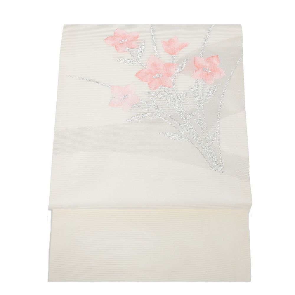 美品［ 名古屋帯/紗 ］正絹　オレンジとは赤の中間　桔梗　夏物　夏着物　盛夏 美品［ 名古屋帯/紗 ］正絹 オレンジとは赤の中間 桔梗 夏物 夏