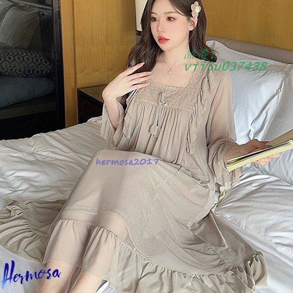 パジャマ ルームワンピース 姫系 レディース ネグリジェ 胸パッド付き 長袖 部屋着 かわいい ゆったり レース 薄手 春秋向き 通気性  vii5u037438