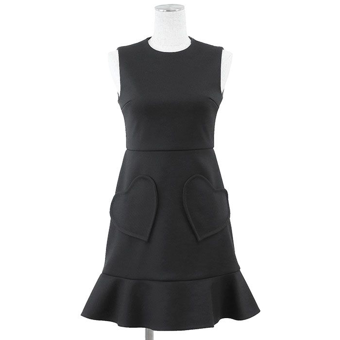 RED VALENTINO レッド ヴァレンティノ ワンピース ノースリーブ ハート モチーフ ポケット ストレッチ フ ラウンドネック ミニ丈 レディース サイズ 36 ブラック 黒 ルーマニア製