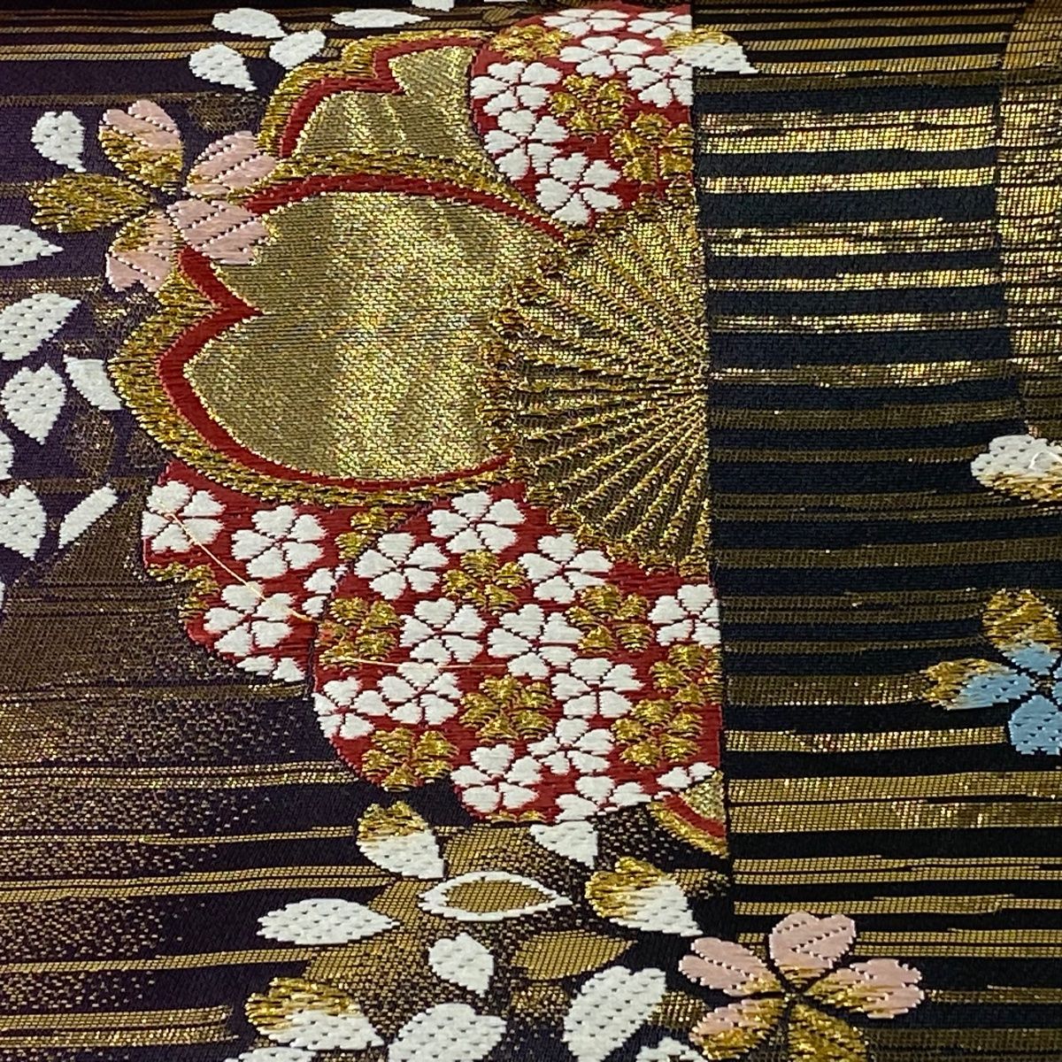 袋帯 美品 秀品 振袖向き 桜 縞 箔 刺繍 紫 六通 正絹 【中古】 - メルカリ