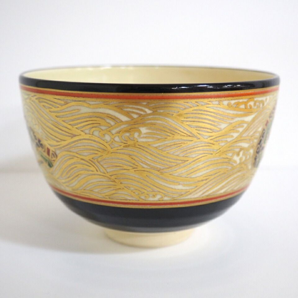 a595　平茶碗　色絵乾山　松に波画　清閑寺窯　祥平　古物　茶道　茶道具 偉大な 祥平 清閑寺窯 松に波画 色絵乾山 平茶碗 a595 古物