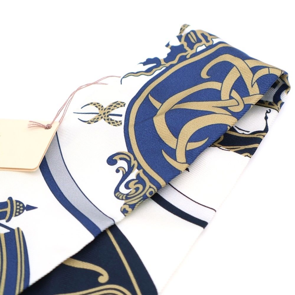 エルメスツイリー　EX-LIBRIS ホワイト/ネイビー エルメス HERMES ツイリー EX-LIBRIS スカーフ 衣料品 シルク