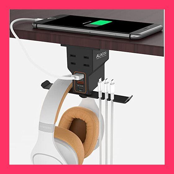 スタッフおすすめ！売れ筋ヘッドフォンスタンド Type C 1個 * USB A 充電ポート2個付き 2プロングACコンセント 電源ヘッドセットハンガー ヘッドホンホルダー フック 充電ステーション デスク下