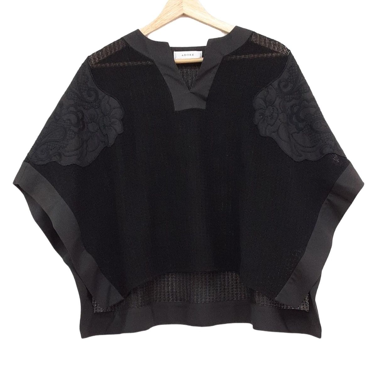 ADORE アドーア 半袖カットソー サイズ38 M レディース - 黒×ダークグレー エンブロイダリー|メッシュ