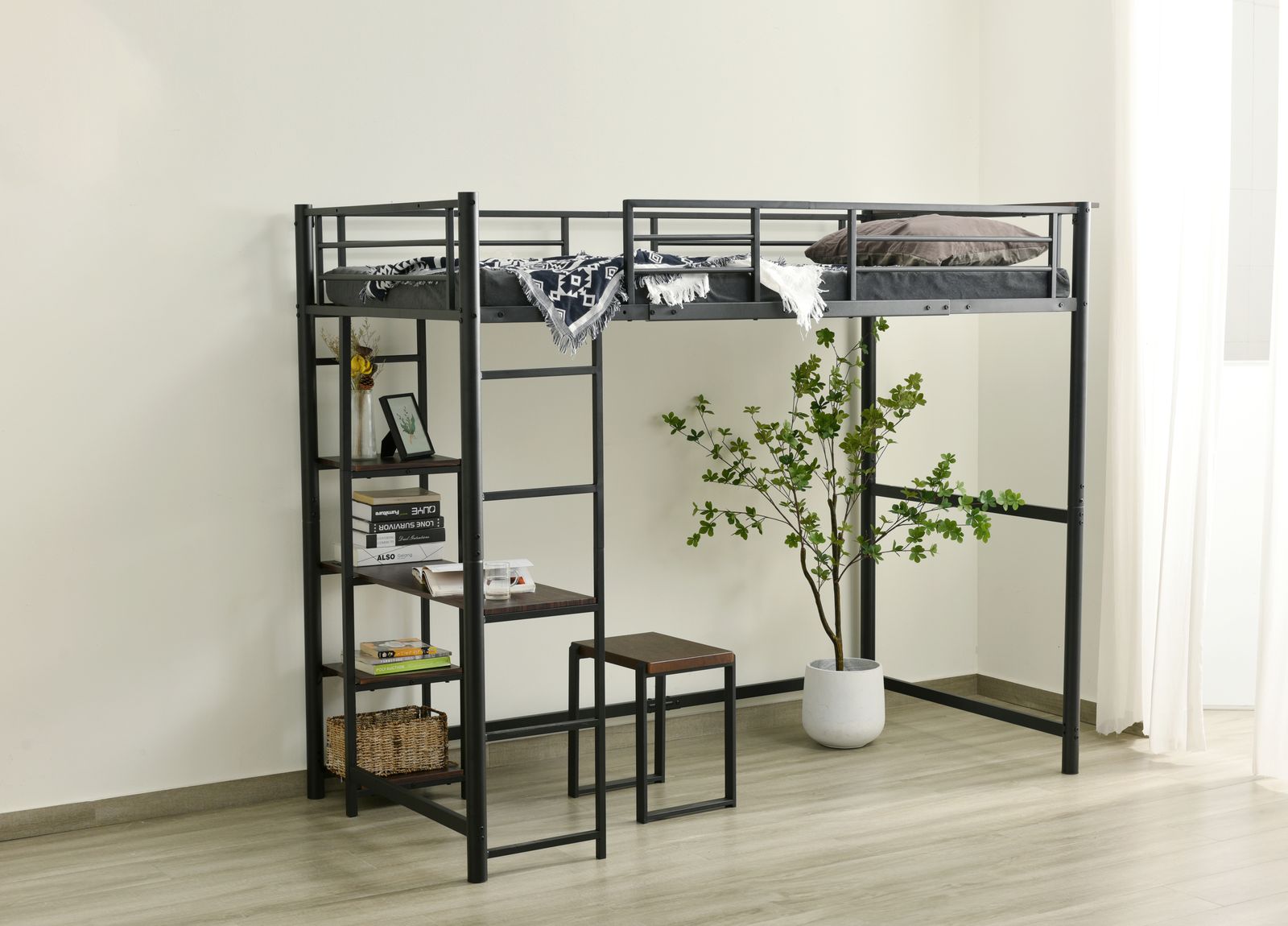 ロフトベッド パイプベッド シングル 木 デスク付き コンセント付き 耐