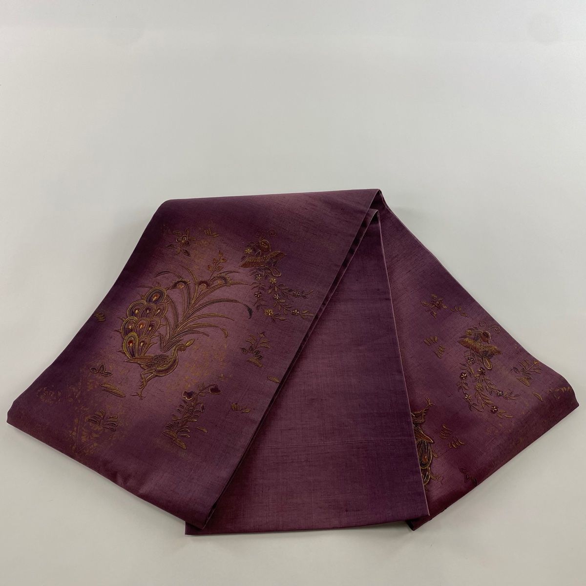 H-313 袋帯 正絹 お太鼓柄 丸文様 花唐草 孔雀 茶金 グレー 着物