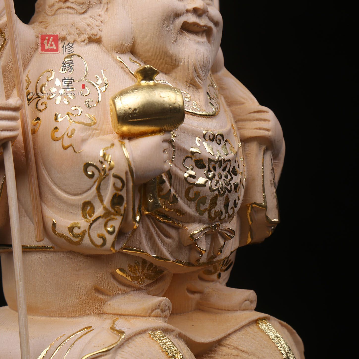 修縁堂】木彫り 仏像 福神三面大黒天立像 財神 檜材 仏教工芸 彫刻 