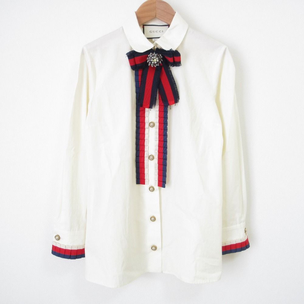 もらって 嬉しい お歳暮 ランキング 良品 GUCCI グッチ ウェブボウ リボンブローチ付き コットン シャツ+ブラウス(長袖+七分)