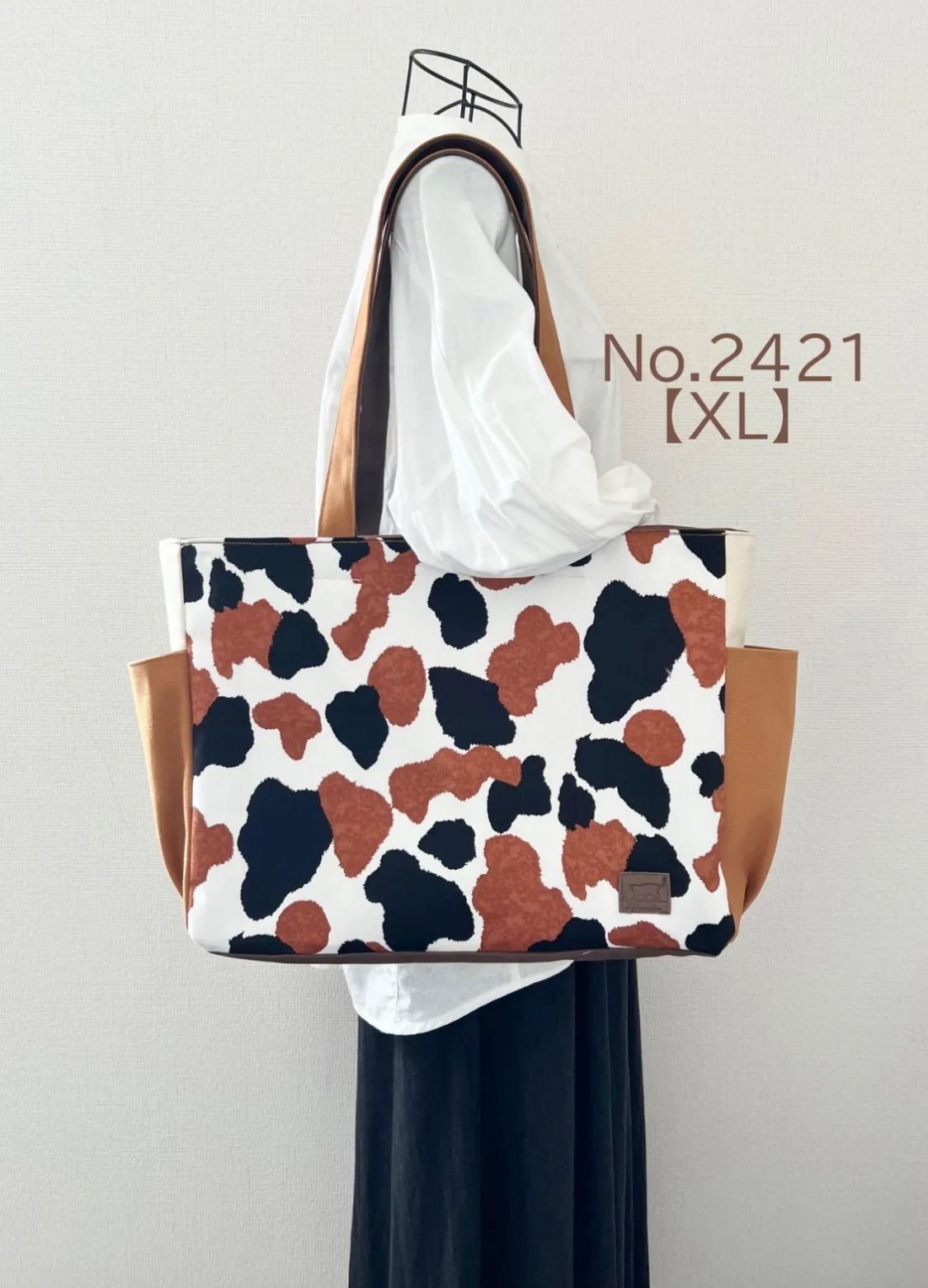 XLサイズ 底板付き 三毛猫バッグ 8号倉敷帆布使用 サイドポケット 大きめトートバッグ 底板付き 肩掛けバッグ akaneko