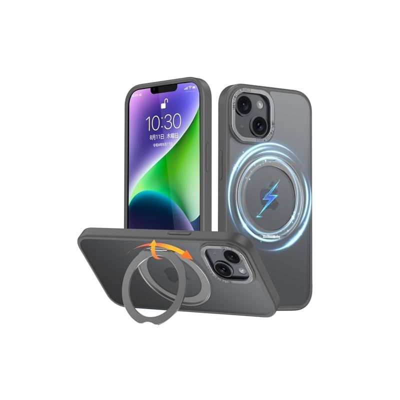 iPhone 15 Plus 用 ケース Magsafe対応 ワイヤレス充電 360回転スタンド 縦横両対応 Gunwon スマホケース iphone15 Plus 用 米軍規格 耐衝撃 半透明 マット感 マグセーフ 防指紋 リング マグネット搭載 ア