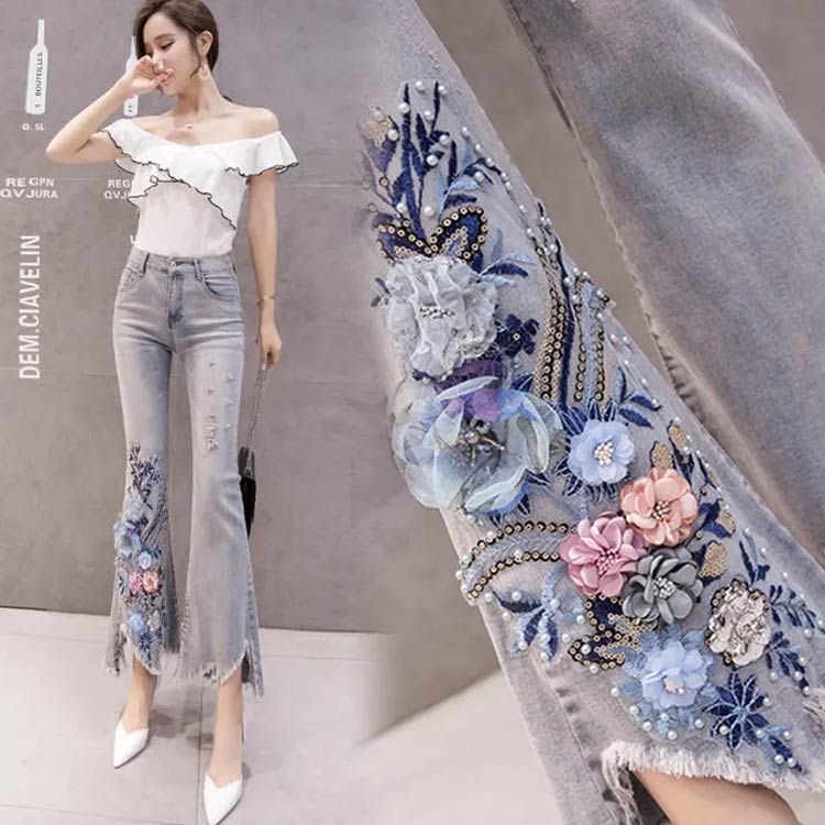 デニムパンツ レディース ロング フレアパンツ フラワー