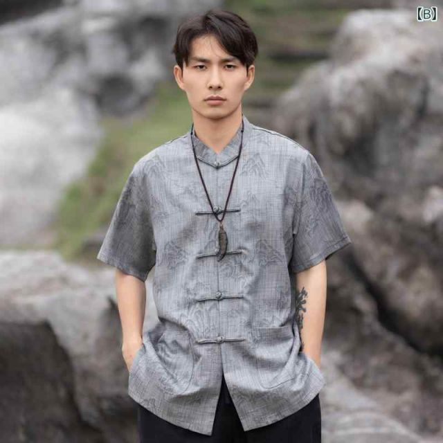 XL メンズ ファッション 服 男性用 オシャレ シンプル 大人 かっこいい 大きいサイズ ストリート 紳士服 夏 スタイル トップス スタンド ボタン 半袖 シャツ プリントチュニック スーツ カンフー 唐