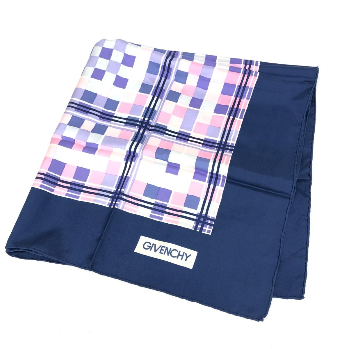 GIVENCHY ジバンシィ スカーフ ロゴ/チェック/シルク 絹100％ ネイビー