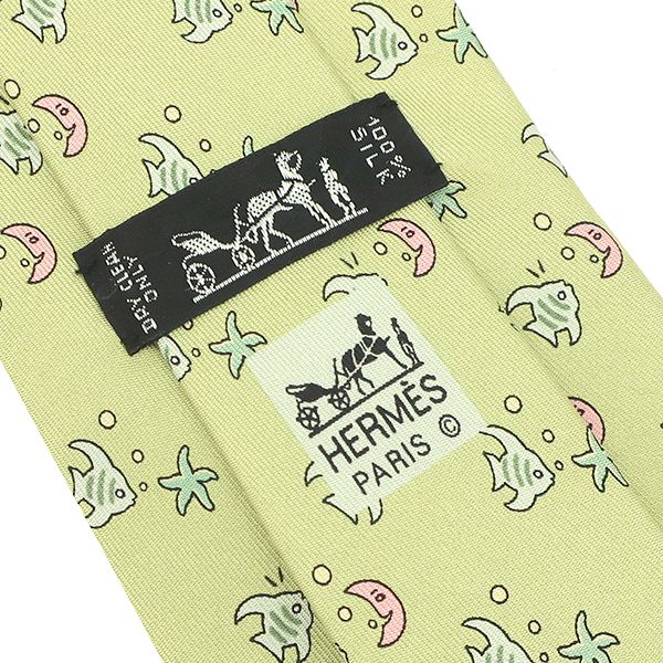 エルメス HERMES ネクタイ 魚柄 9cm シルク ライトグリーン
