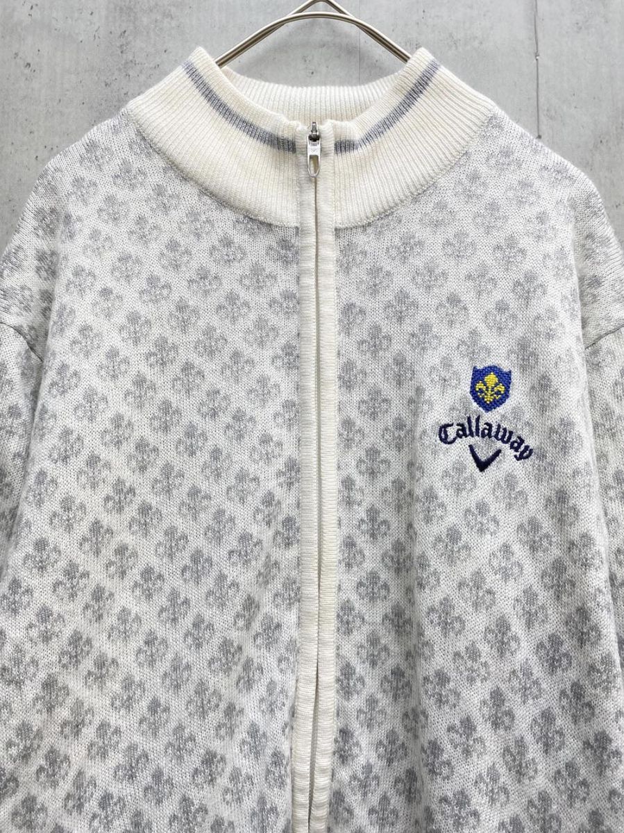 キャロウェイ★ウール混 ニット ダブルジップ ジャケット ホワイト×ピンク M キャロウェイ☆ウール混 ニット ダブルジップ ジャケット