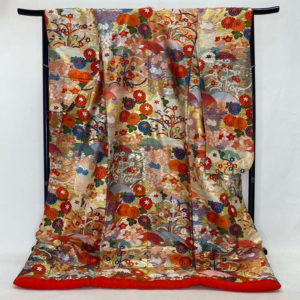 色打掛 正絹 鶴 刺繍 金 赤 打掛 Lサイズ 裄67 花嫁衣裳 婚礼  