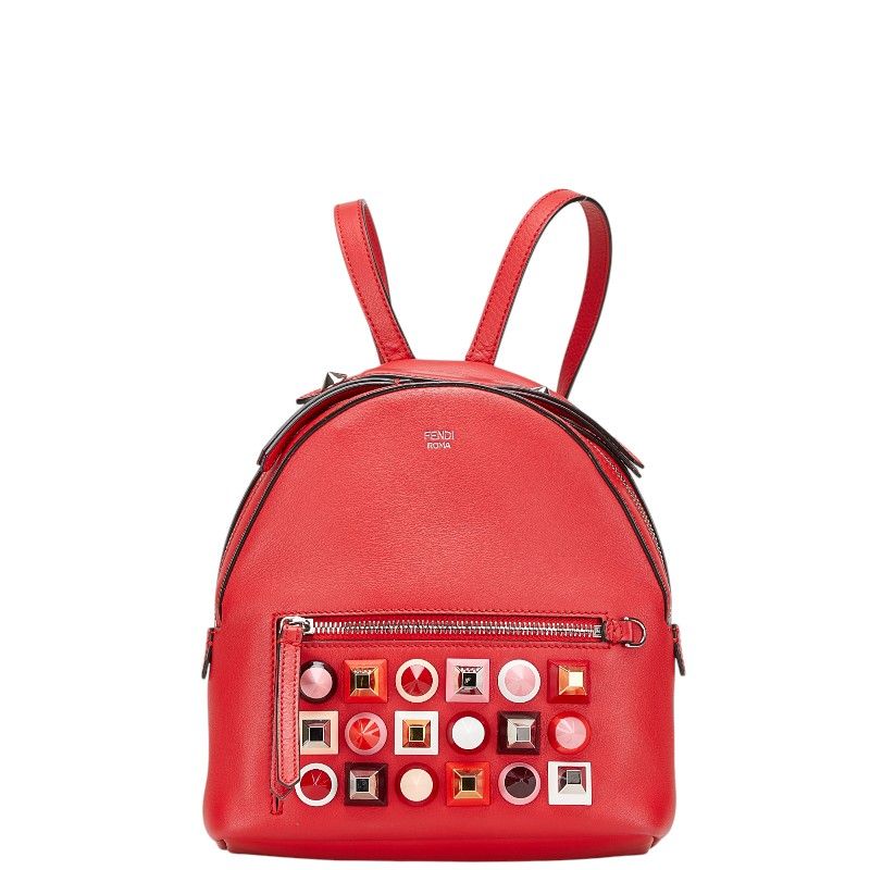 フェンディ スタッズ チェーン リュック バックパック 8BZ038 レッド レザー レディース FENDI 1-0204889