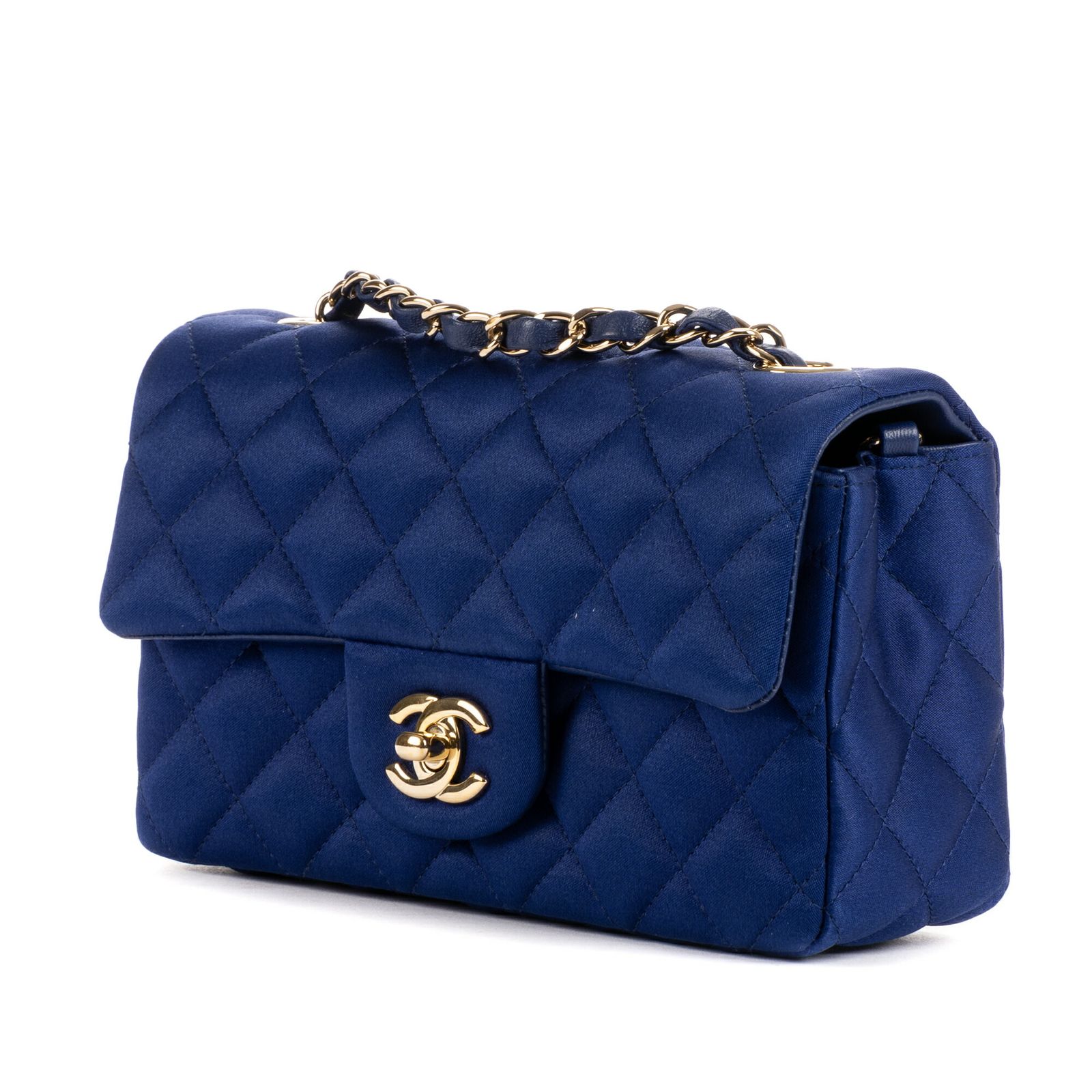 中古] CHANEL シャネルスモールクラシックフラップ青サテンキャンバスA