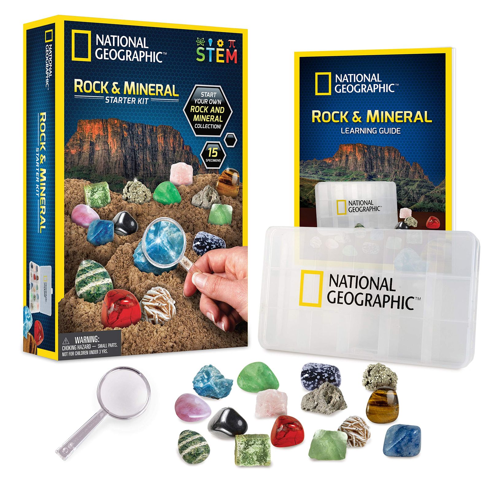 NATIONAL GEOGRAPHIC 岩石と鉱物教育セット ? 15ピース ロックコレクション スターターキット タイガーアイ ローズクォーツ レッドジャスパーなど ディスプレイケースと識別ガイド [スターターロ