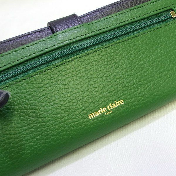 新品 未使用 marie claire マリ・クレール レザー 二つ折り 長財布 クローバー ストーン グリーン 【331098】