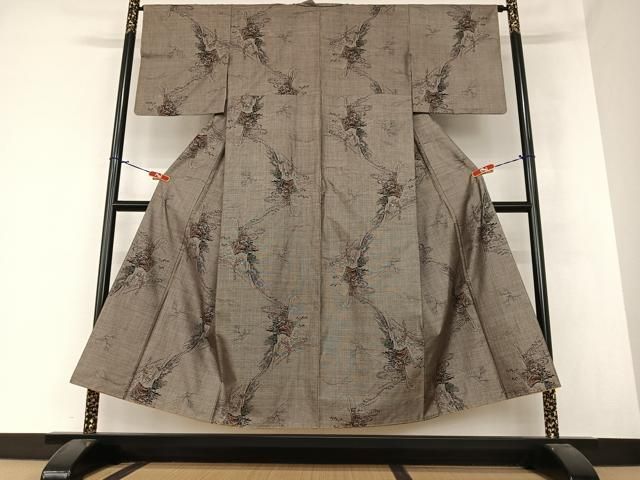 本場大島紬 茶泥染 カタス式 花柄の絣柄 正絹 AK-4179 本場大島紬 袷 着物 9マルキ カタス式 泥染 黒こげ茶 雪輪 百合