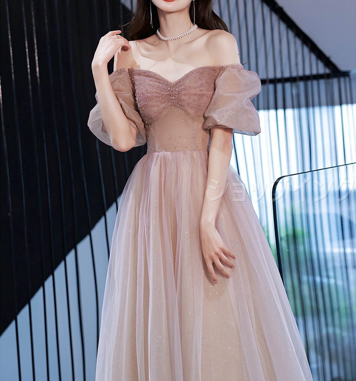 ドレス 大人 ピアノ 発表会 演奏会 結婚式 キラキラ パーティードレス シフォン ふんわり パープルグラデーション 半袖 パフスリーブ ピアノ発表会 袖付き ロング丈 ファスナータイプ お呼ばれ Tasa01