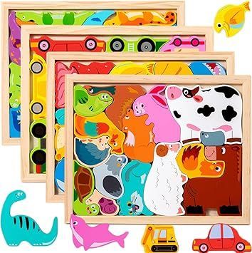 【在庫処分】Bajoy 木製パズル 4種類シリーズ プラスサイズ60PCS大容量 型はめパズル 脳トレ 3 4 5 6歳 モンテッソーリ 知育玩具 指先あそび 図形認識 空間認識 色彩感覚 記憶力トレ 男の子 女の子おもちゃ 誕生日 クリスマス プレゼ