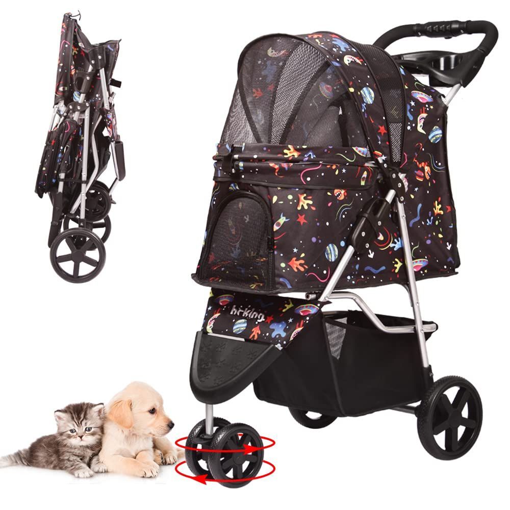 耐荷重15kg ペットバギー 介護用 組み立て簡単 後輪ブレーキ付 前輪360°回転 多頭用 宇宙空間 猫犬兼用 犬用ベビーカー 3輪 折りたたみ ペットカート wangmao