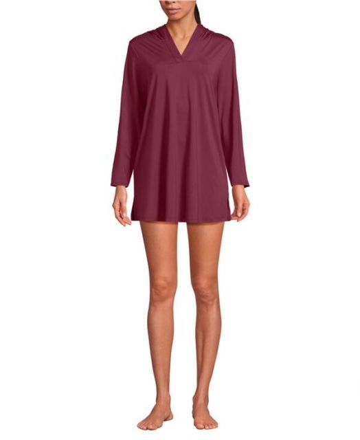 【送料無料】 ランズエンド レディース ワンピース トップス Women's SunShade UPF 50 Hooded Mini Swim Swim Cover-Up Dress Burgundy spritz