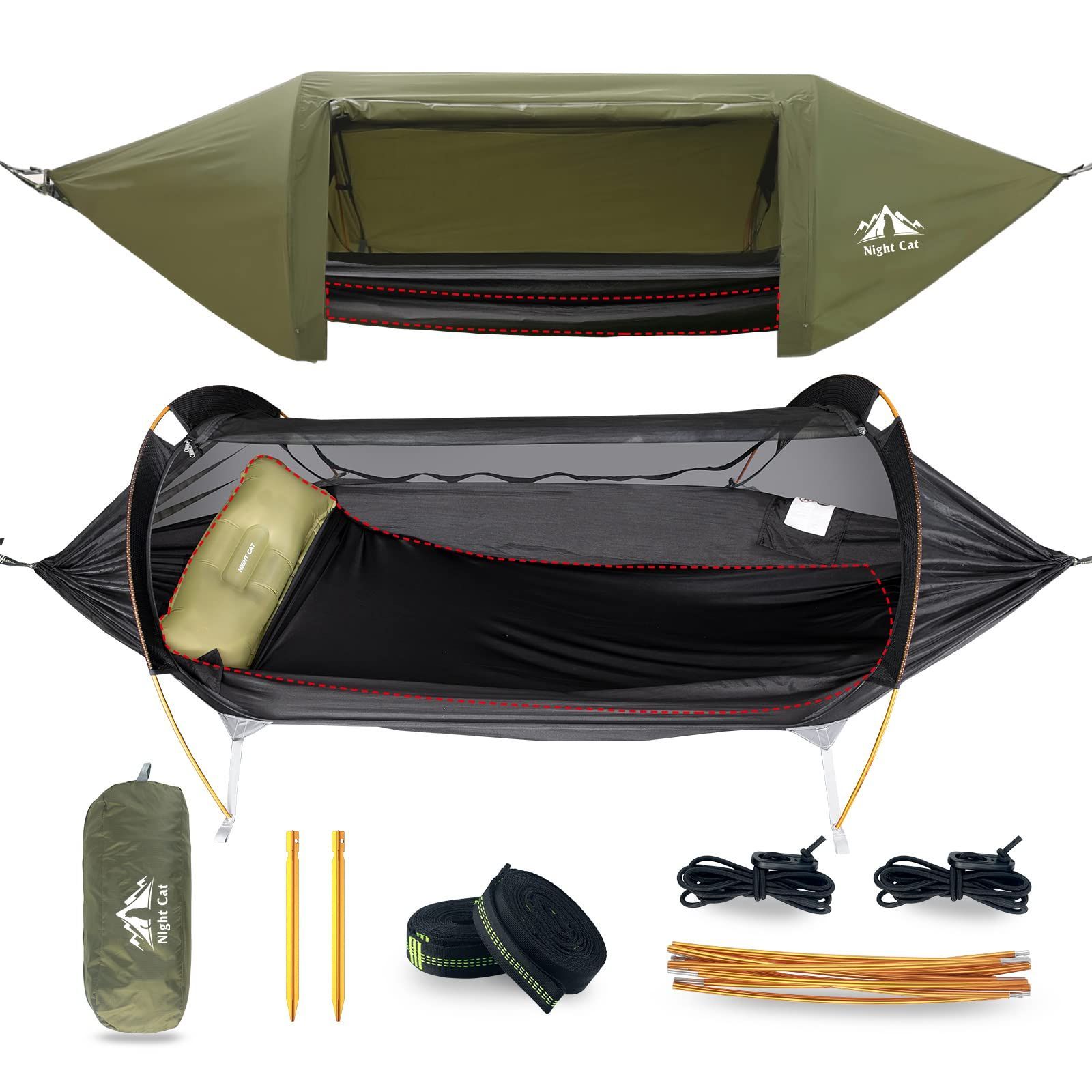 庭 ハイキング アウトドア 多機能 耐荷重201kg 2人用 1 耐水圧PU4000mm レジャー 通気 虫対策 簡単設営 軽量 キャンプ フライシート付き 蚊帳付き テント 防水ハンモック Cat Night