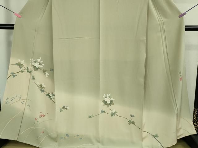平和屋着物□極上 訪問着 友禅 作家物 枝花文 柳鼠色