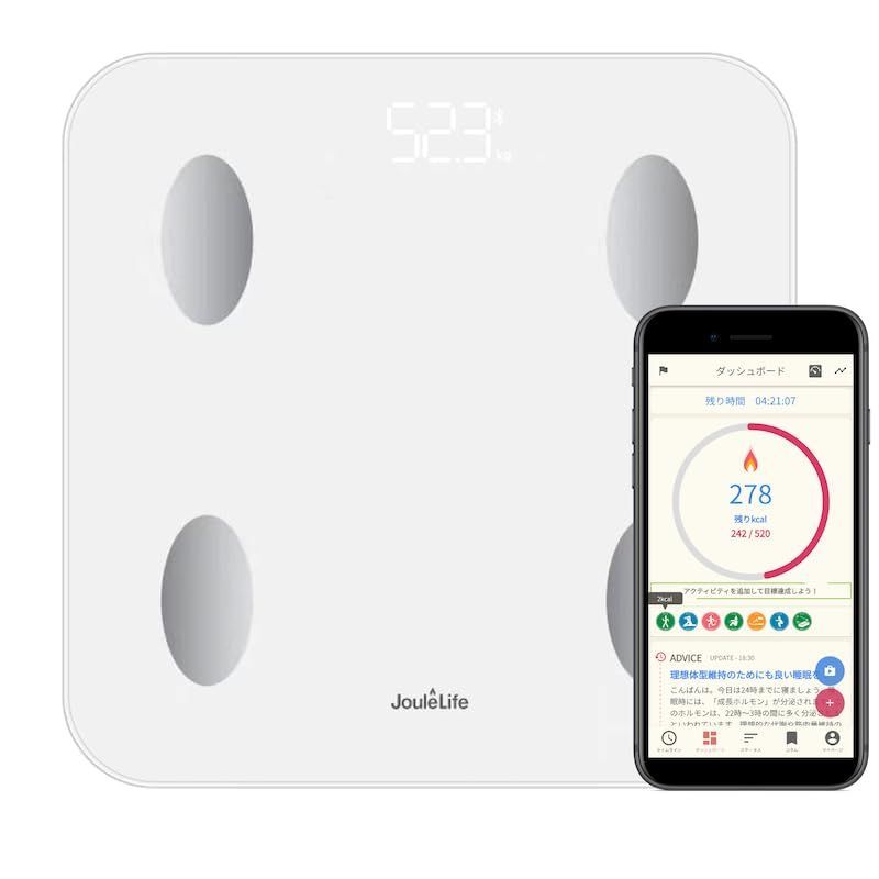 JouleLife 75.1%が減量に成功した 体重計 体組成計 JL-103 スマホ連動 日本製アプリ【体重/体脂肪率/筋肉量/基礎代謝量/BMI/水分率/骨量/内臓脂肪レベル/身体年齢】ジュールライフ Bluetooth iOS/Android ホワイ