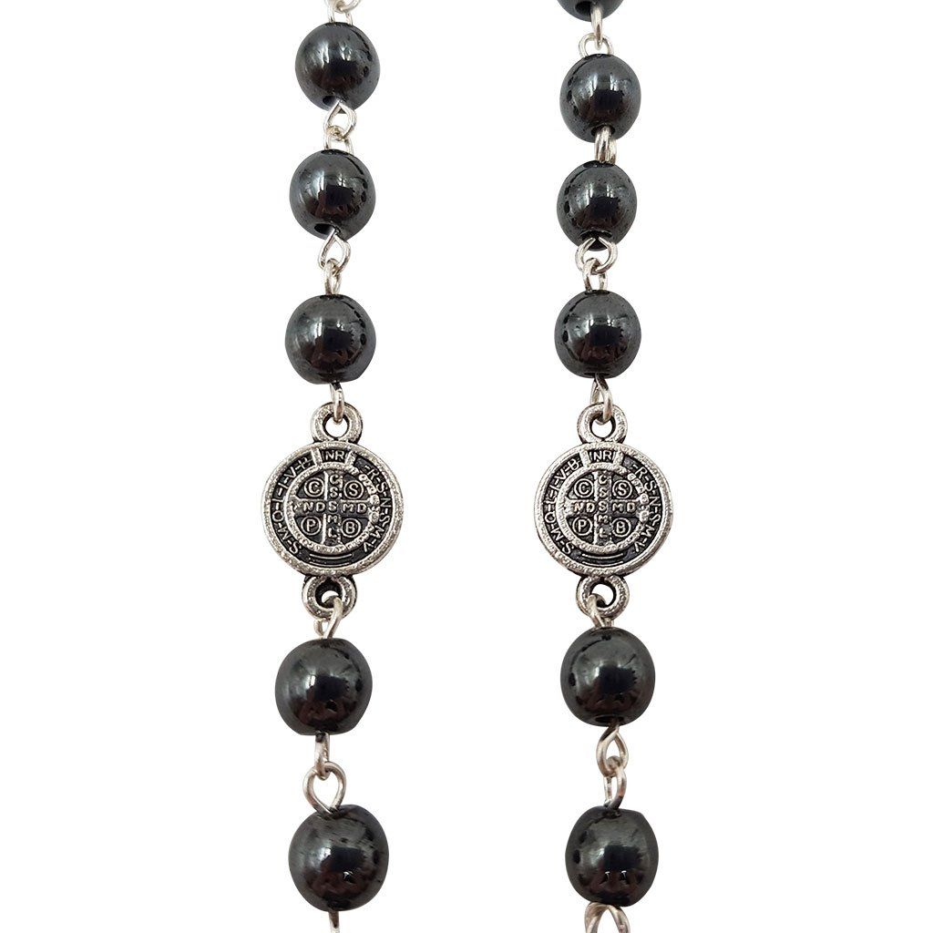 カトリックロザリオ ネックレス 黒 シルバー ローズクォーツ 聖母