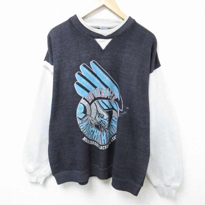 90年代 90s 刺繍タグ Champion チャンピオン XL/古着 長袖 スウェット メンズ 90s ラクロス ツートンカラー 大きいサイズ クルーネック 黒他 ブラック 霜降り 25feb21 中古 スエット ト REVERSE WEAVE リバース