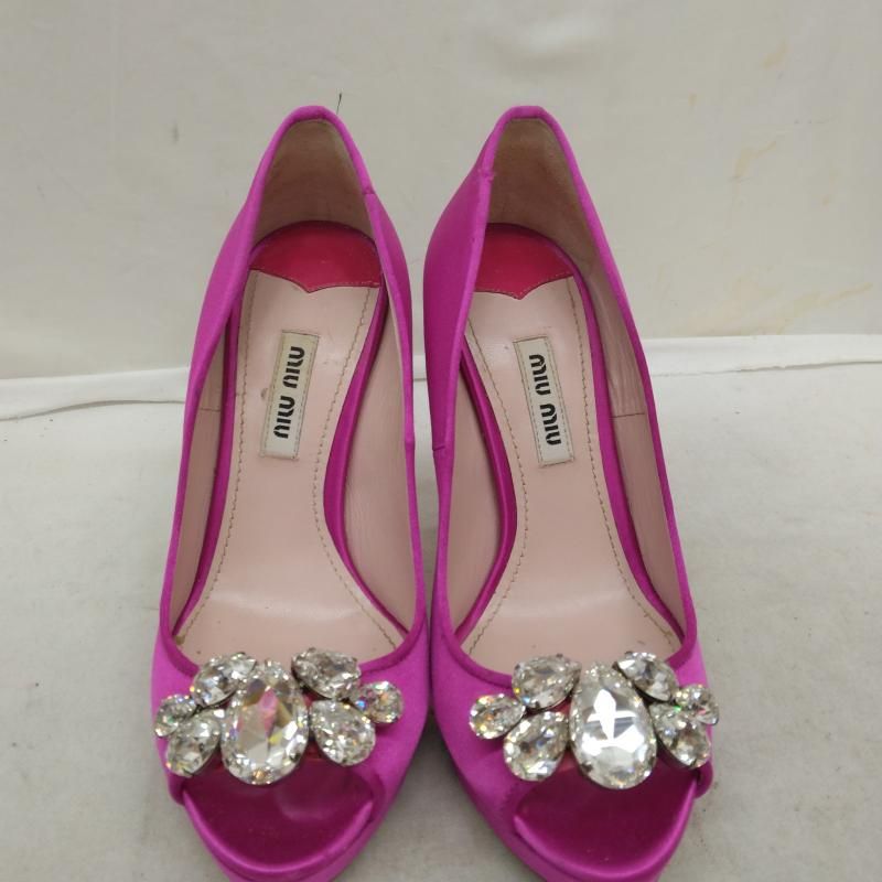 miu miu ミュウミュウ パンプス ビジュー パンプス オープントゥ ハイヒール サテン地 34