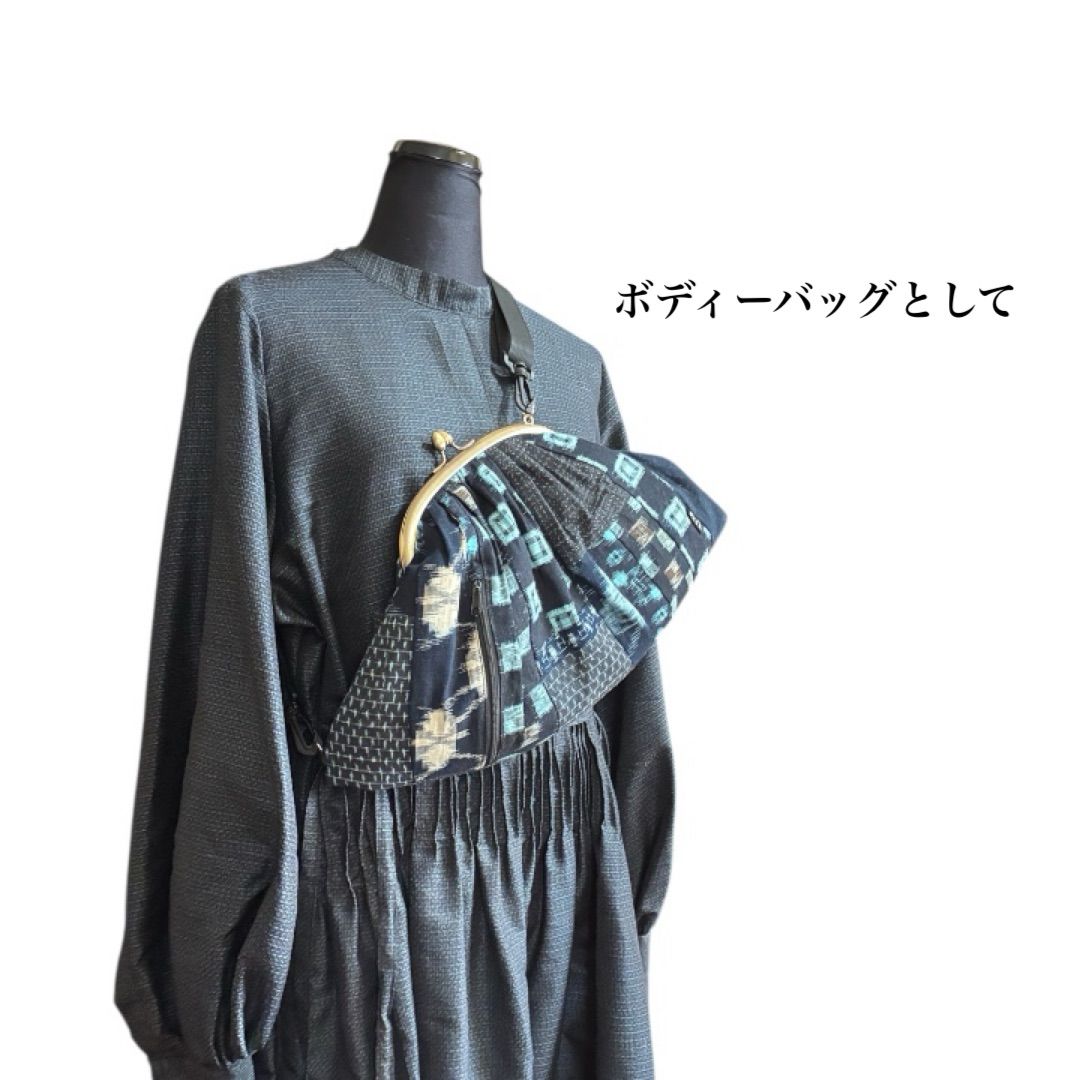 3WAYがま口バッグ ボディーバッグ ショルダーバッグ 手持ちバッグ 絣 絣のパッチワークがま口 書生絣 伊予絣 遠州絣