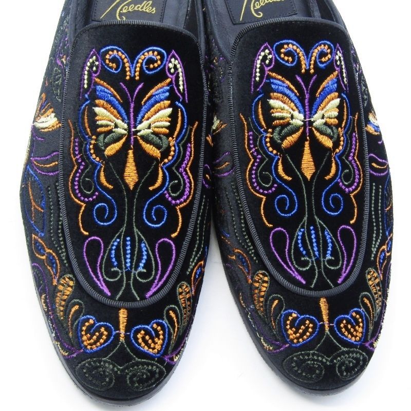 美品 Needles ニードルス 41 ベルベットミュール 32796 Velvet Mule Papillon Embroidery スリッポン  サンダル ブラック 黒 22001465 - メルカリ