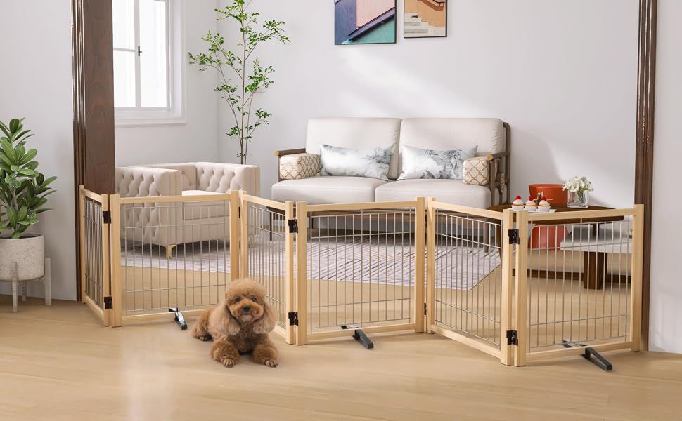 飛び出し防止 ガード 多頭飼い 脱走防止 中型犬 小型犬 安全柵 ペット用家具フェンス 柵 犬 ペットガード 高さ58cm 長さ350cm 6つのパネル 犬 犬用フェンス 天然木色 犬用ゲート ペットフェンス ペットゲート ゲート