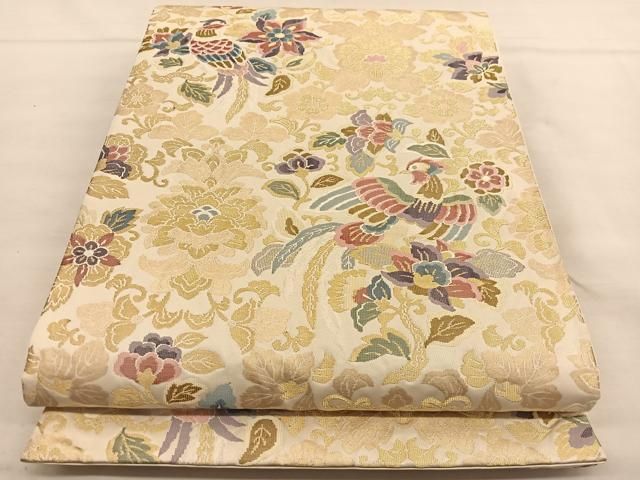 208y54◇ 袋帯 六通 金糸 波文 小花蝶◇美品 成人式 結婚式 208y54 袋帯 六通 金糸 波文 小花蝶美品 成人式 結婚式｜着物・浴衣