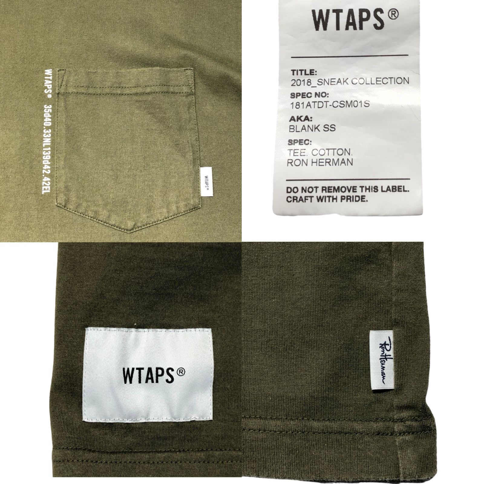 WTAPS×Ron Herman(ダブルタップス×ロンハーマン) 18SS BLANK SS TEE/Tシャツ 181ATDT-CSM01S 02(Mサイズ程度) オリーブ/カーキ