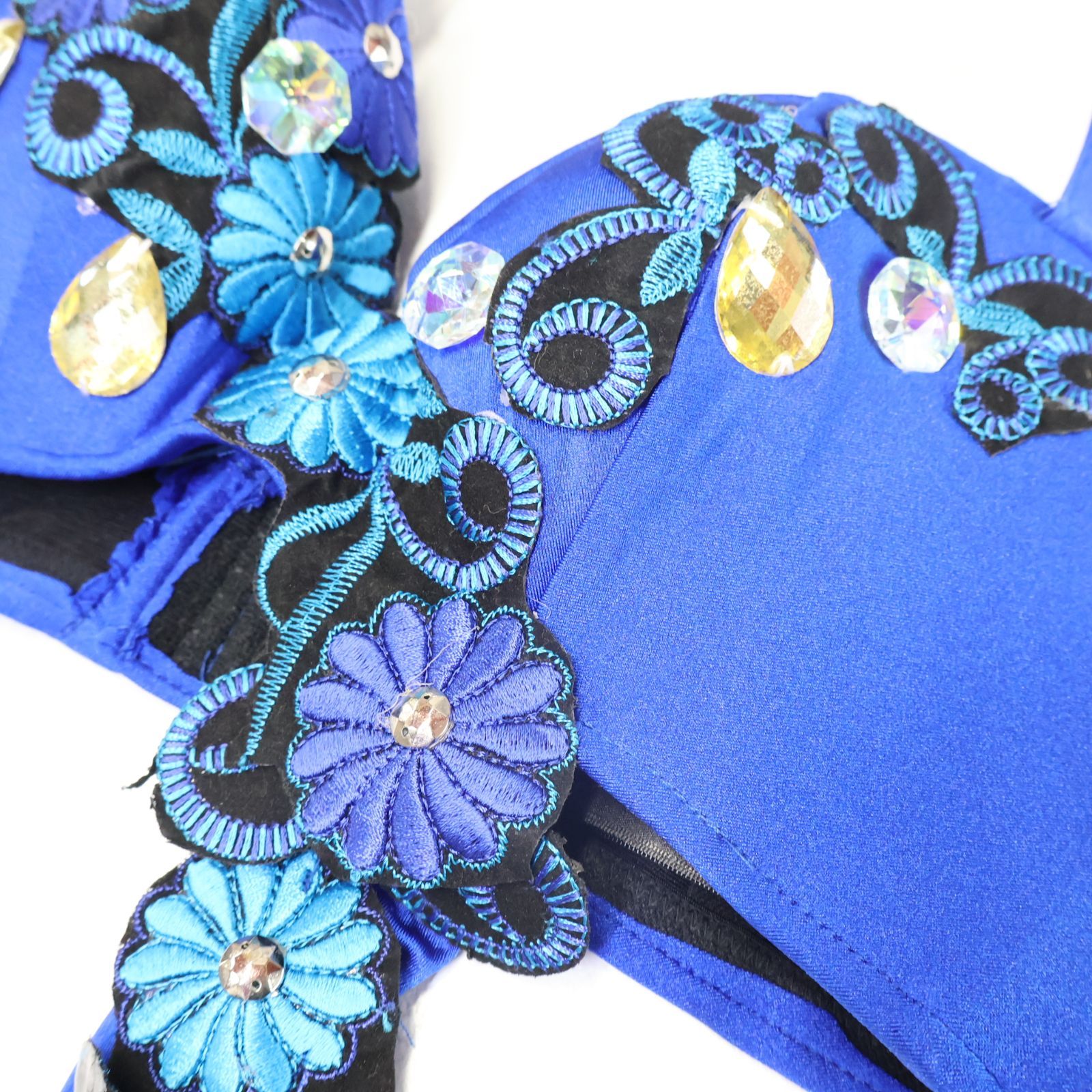 ベリーダンス用 オリエンタル衣装】ブルー ラインストーン 花柄 青