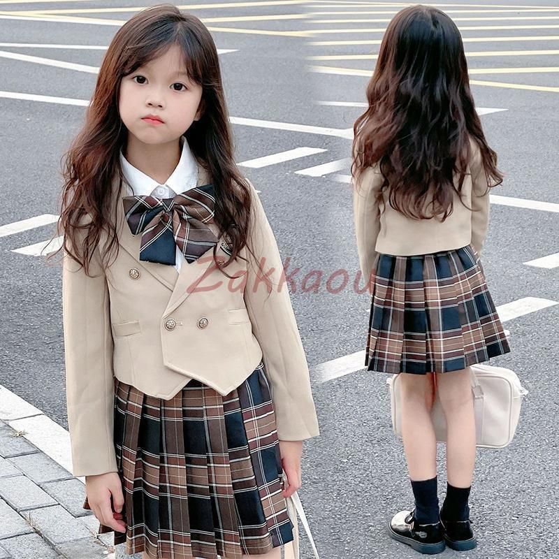 女の子 入学式 卒業式 スーツ リボン付き お嬢様 セレモニースーツ 発表会 入学式 入園式 カーキ チェック フォーマル キッズ 子供服 スカ